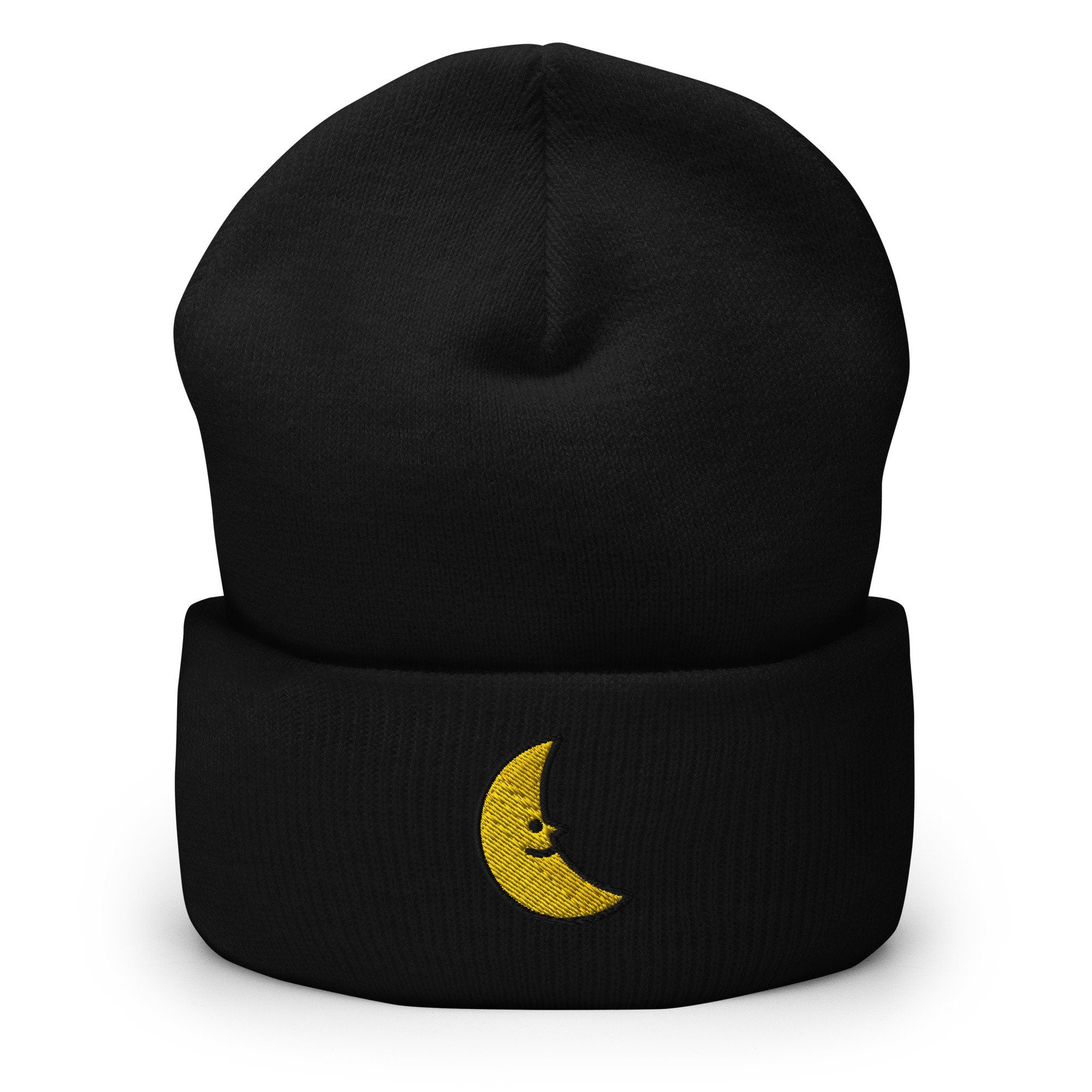 Smiling Crescent Moon Embroidered Beanie, Handmade Cuffed Knit Unisex Slouchy Adult Winter Hat Cap Gift